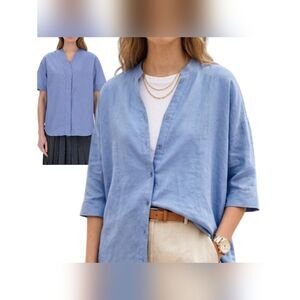 Weekend Maxmara 💯 Linen Periwinkle Blue Blouse Shirt Oversized L Short Sleeves